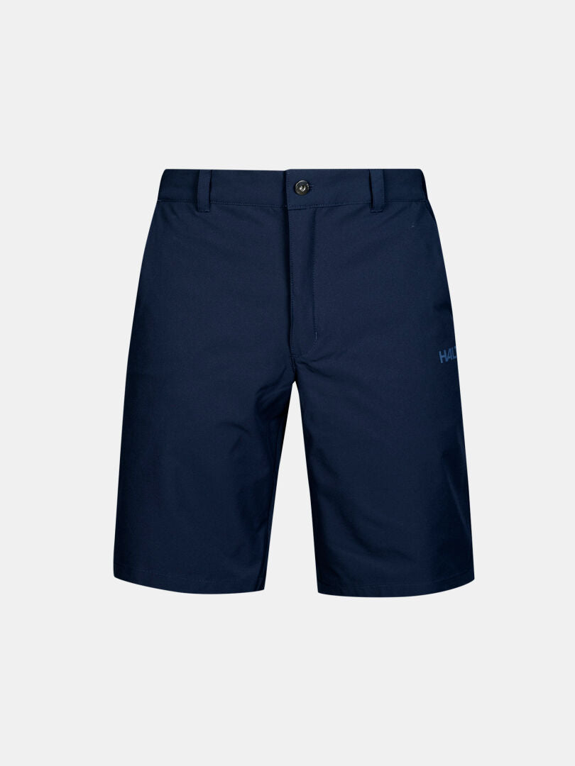 Halti Drive X-stretch Shorts Herr: marinblå, knälång, knapp framtill, dragkedja, bälteshällor, subtil logo på vänster lår.