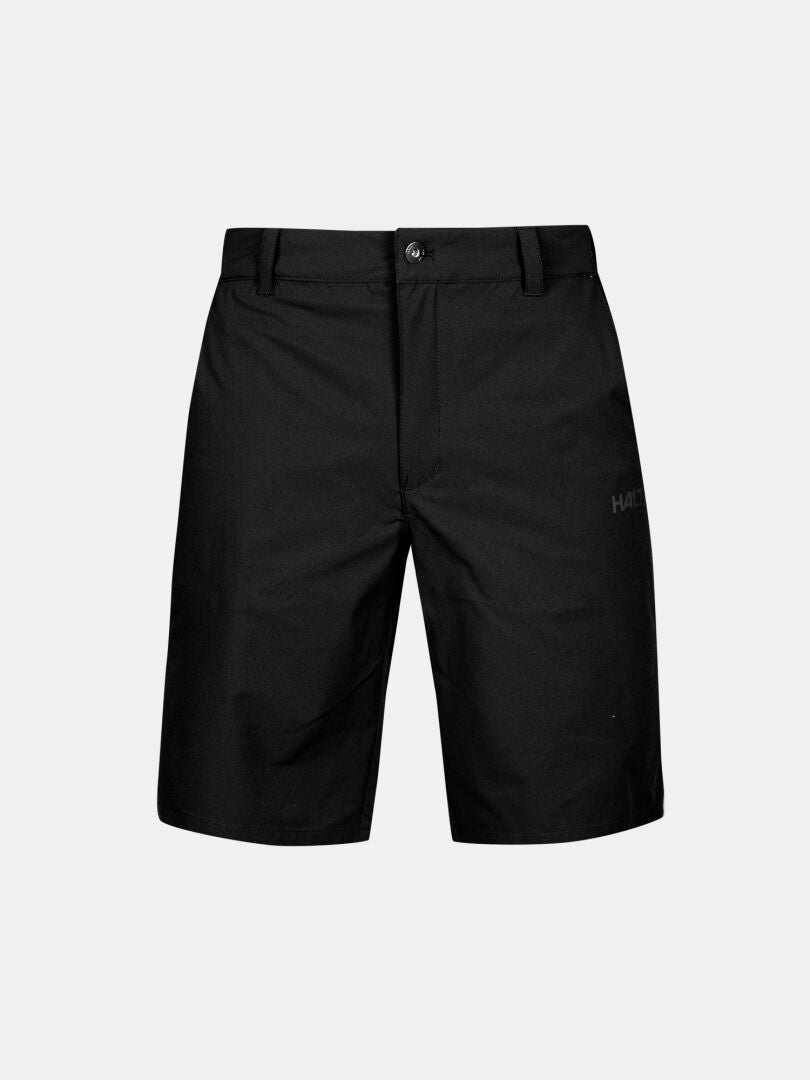 Halti Drive X-stretch Shorts Herr i svart med bälteshällor, knappstängning och sidofickor på en vit bakgrund.