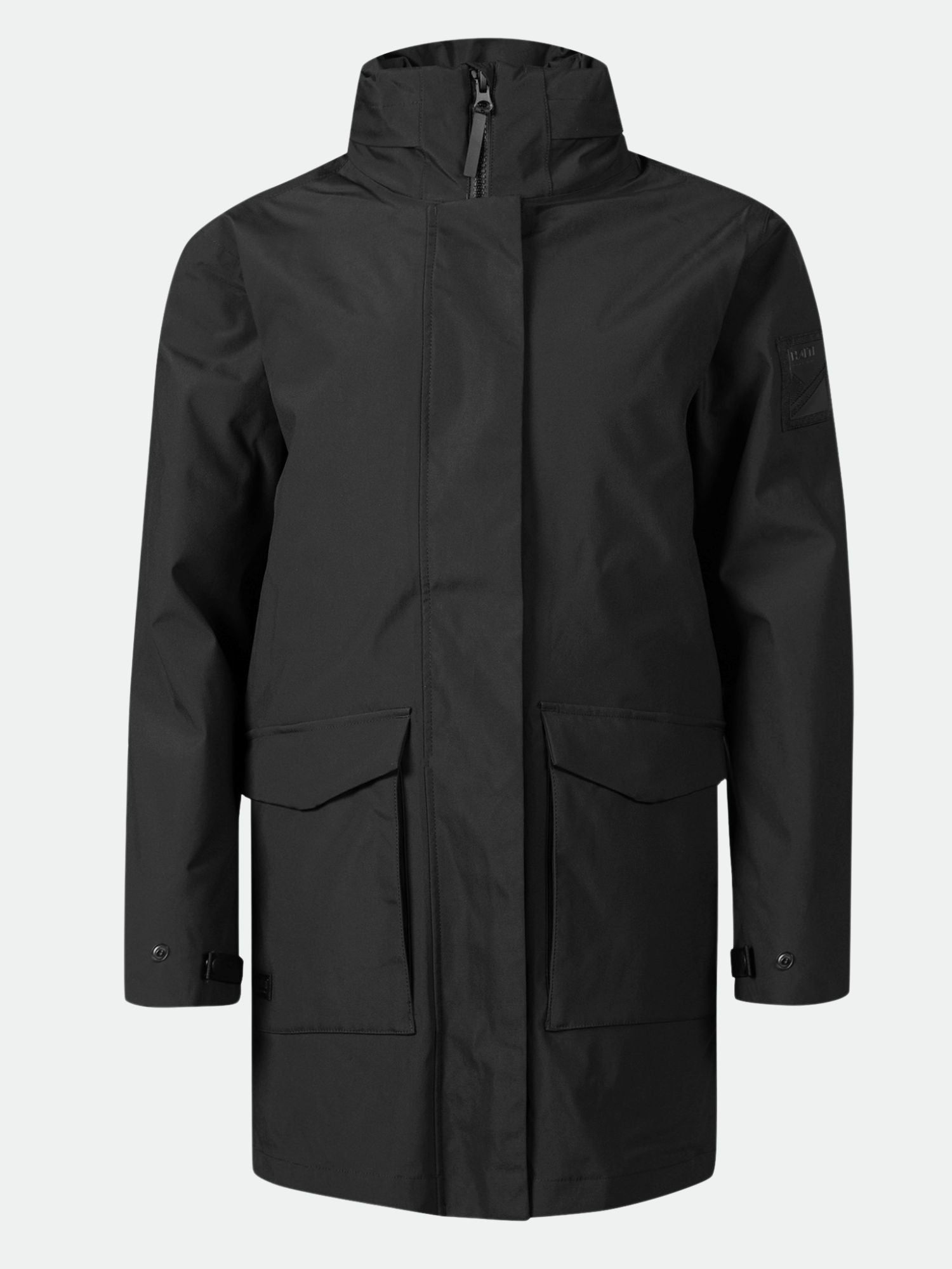 Halti Synkas 3in1 DrymaxX Parka Dam: svart, vattentät, vindtät jacka med huva, dragkedja, fickor och justerbara ärmslut.