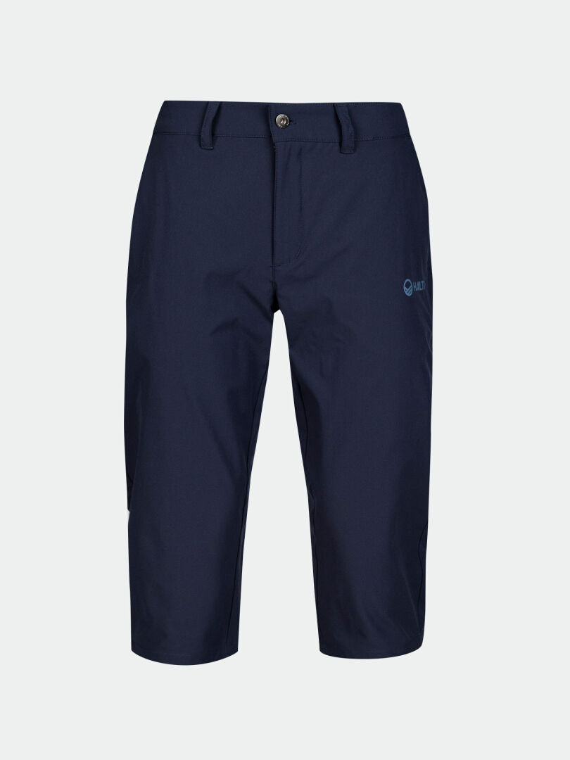 Halti Drive X-stretch Capribyxor Dam i marinblått, UPF 50+, bälteshällor, knapp fram, logotyp på vänster lår.