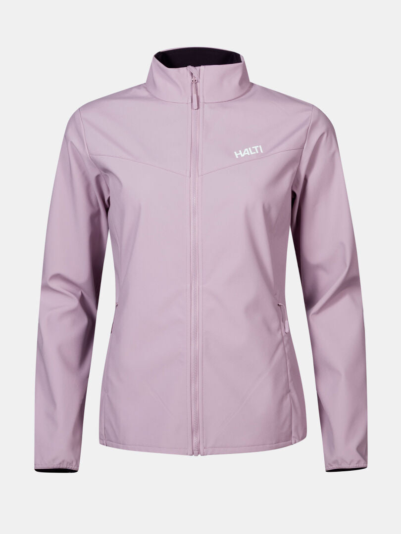 Halti Wedge Softshell Jacka Dam: ljuslila damjacka med dragkedja fram, logo, av återvunnet material.