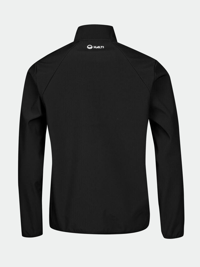 Baksidan av Halti Wedge Softshell Jacka Herr med långa ärmar och liten logotyp, tillverkad av återvunnet material.