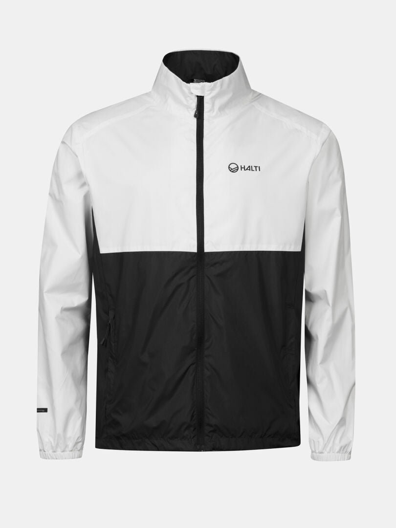 Halti Saime Vindjacka Herr: svart och vit zip-up med hög krage, vindtätt tyg, Halti logotyp på bröstet.
