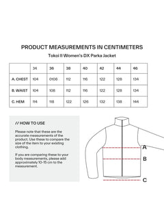 Måtttabell för Halti Tokoi II DX Parkajacka Dam, tillverkad av återvunnen polyester, samt storleksdiagram.