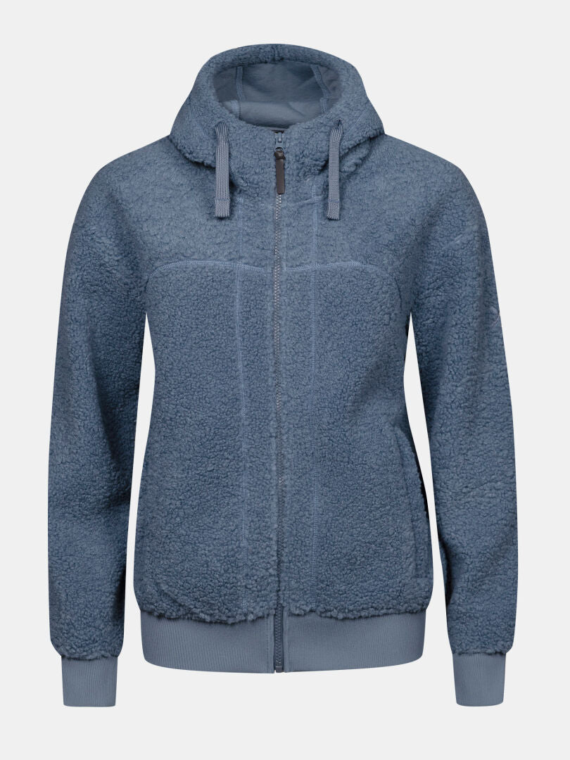 Halti Lykky fleecejacka för dam i blått, med huva, långa ärmar och ribbade ärmslut; avbildad mot en enfärgad vit bakgrund.