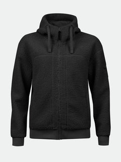 Halti Lykky Fleecejacka Dam är en svart damfleece med dragkedja, huva, ribbade muddar och två fickor i återvunnen polyester.