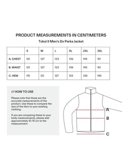 Storlekstabell för Halti Tokoi II DX Parkajacka Herr med bröst, midja, fåll (cm) och diagram ingår.