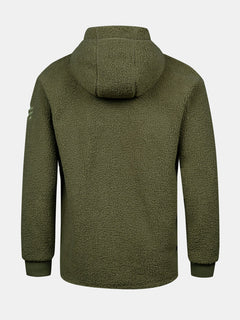 Bakifrån på Halti Lykky Fleecejacka Herr i olivgrönt med ribbade muddar, tillverkad av återvunnen polyester.