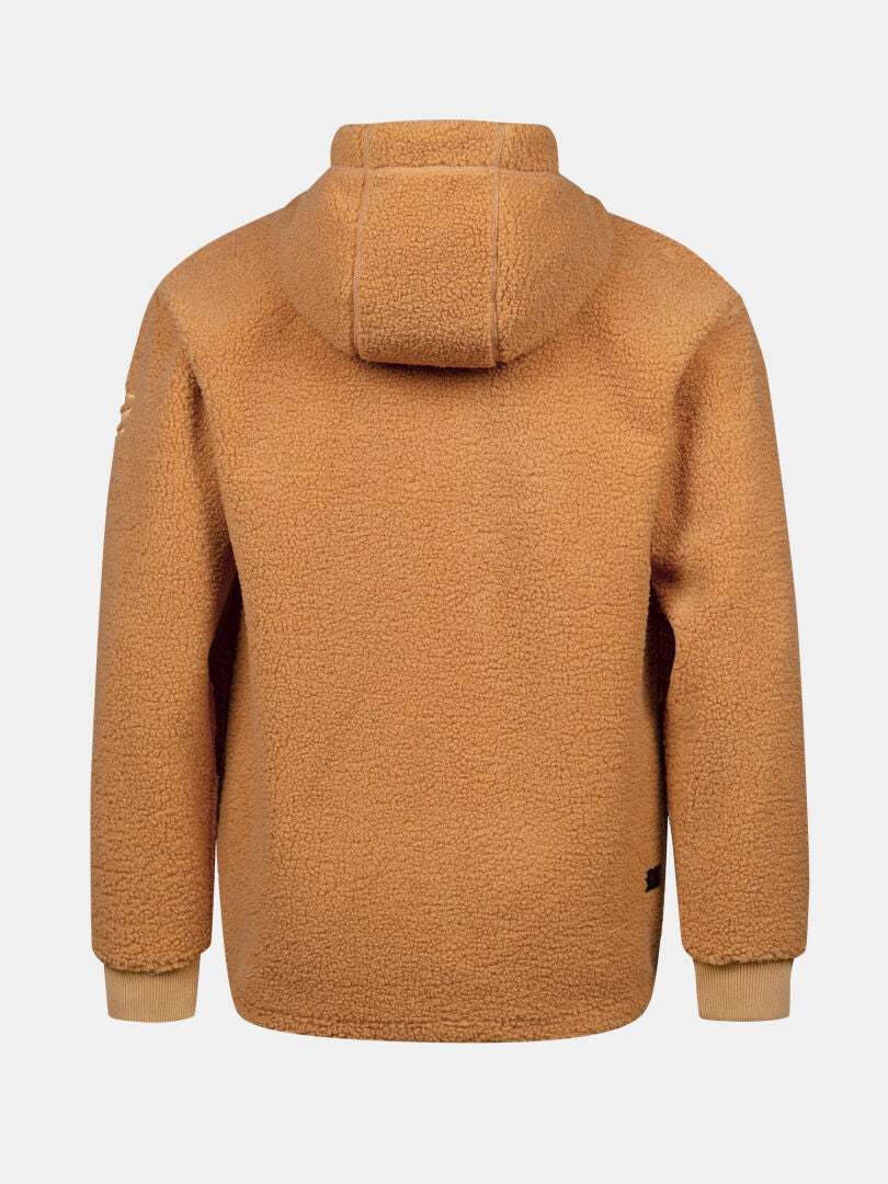 Halti Lykky Fleecejacka Herr, brun med ribbade muddar, tillverkad av återvunnen polyester, här bakifrån.