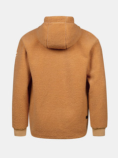 Halti Lykky Fleecejacka Herr, brun med ribbade muddar, tillverkad av återvunnen polyester, här bakifrån.