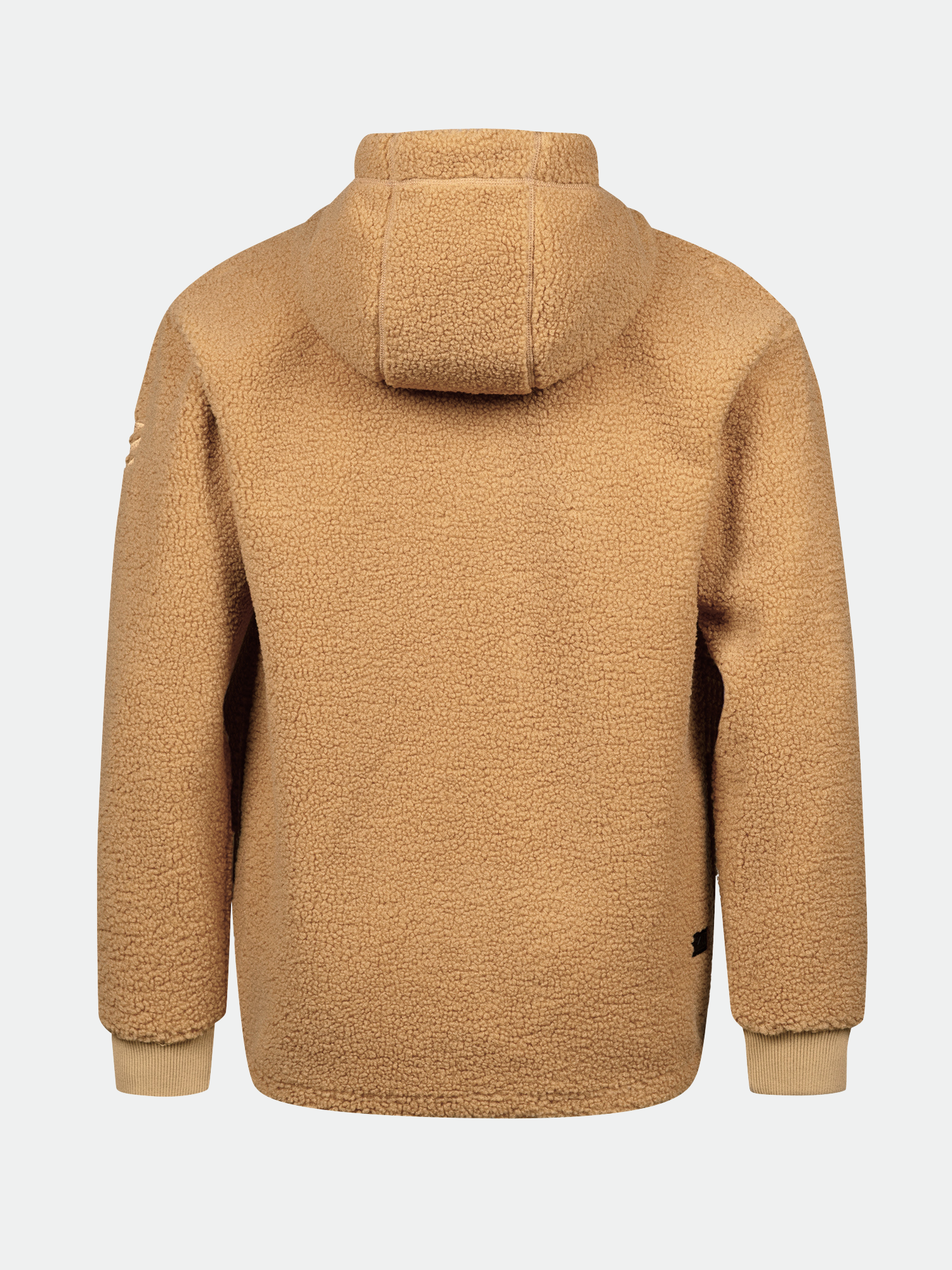 Halti Lykky Fleecejacka Herr i beige, bakifrån med långa ärmar och ribbade muddar mot en enfärgad bakgrund.