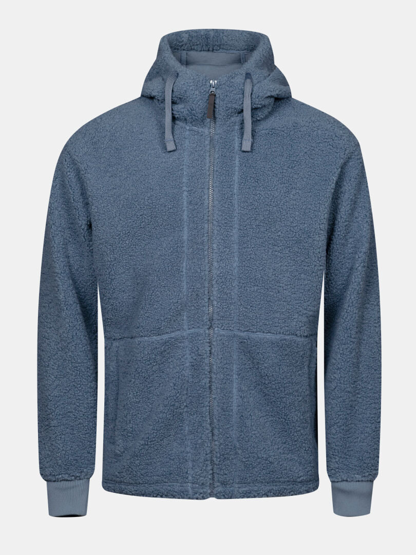 Halti Lykky Fleece Jacka Herr: blå hoodie med dragkedja, teddytextur, dragskor och två framfickor.