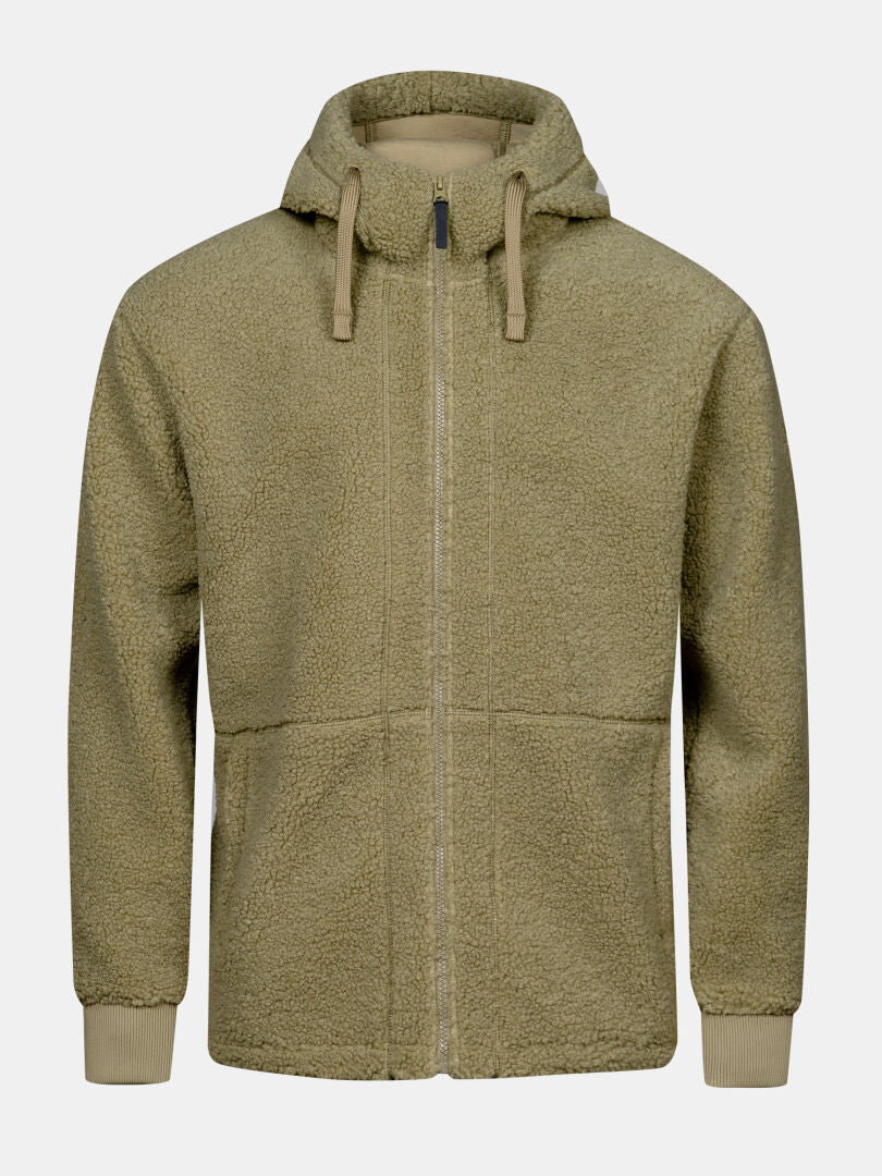 Halti Lykky Fleece Jacka Herr: ljusolivgrön hoodie, teddy-struktur, dragskor, 2 framfickor.