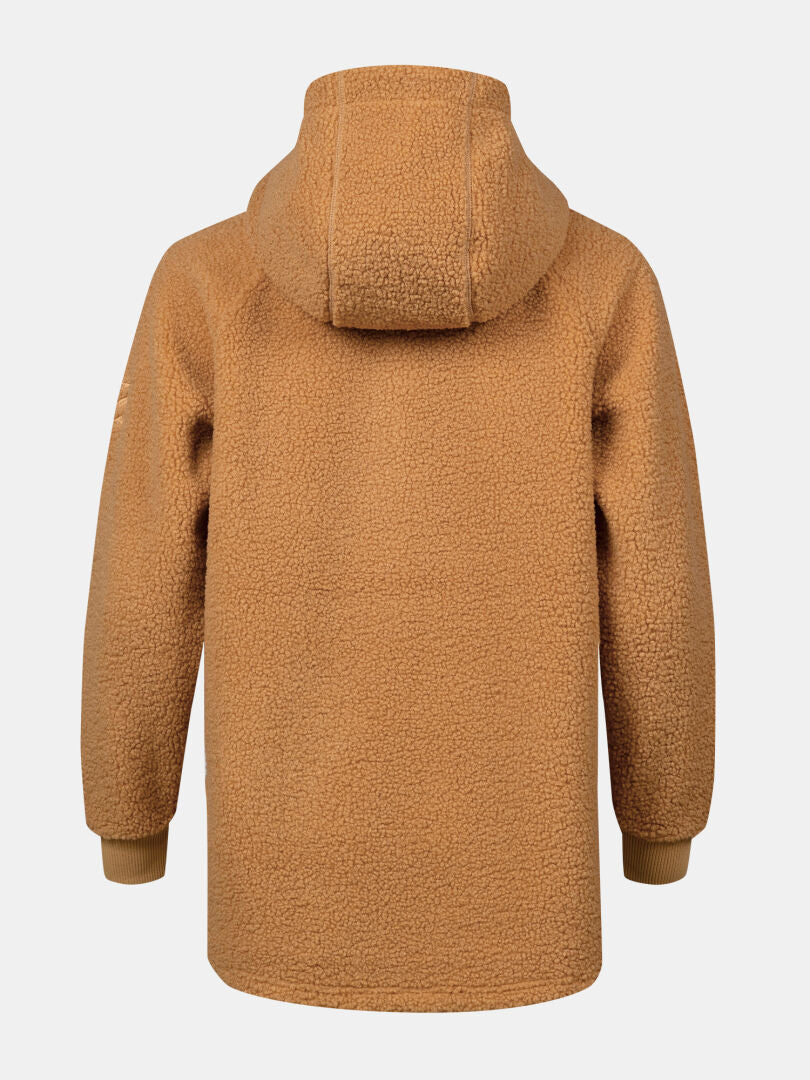 Halti Lykky Fleecetröjä Dam, i brun teddyfleece, visas bakifrån med ribbade muddar och långa ärmar.