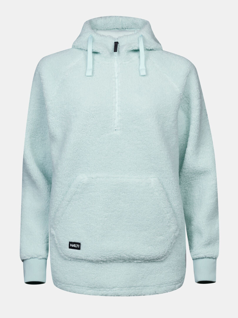 Halti Lykky fleecetröja för dam: Ljusblå hoodie med halv dragkedja, ficka, huva med dragsko och ribbade ärmslut.