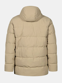 Halti Sammal Vadderad Parkajacka Herr i beige med huva, bakifrån mot en vit bakgrund.