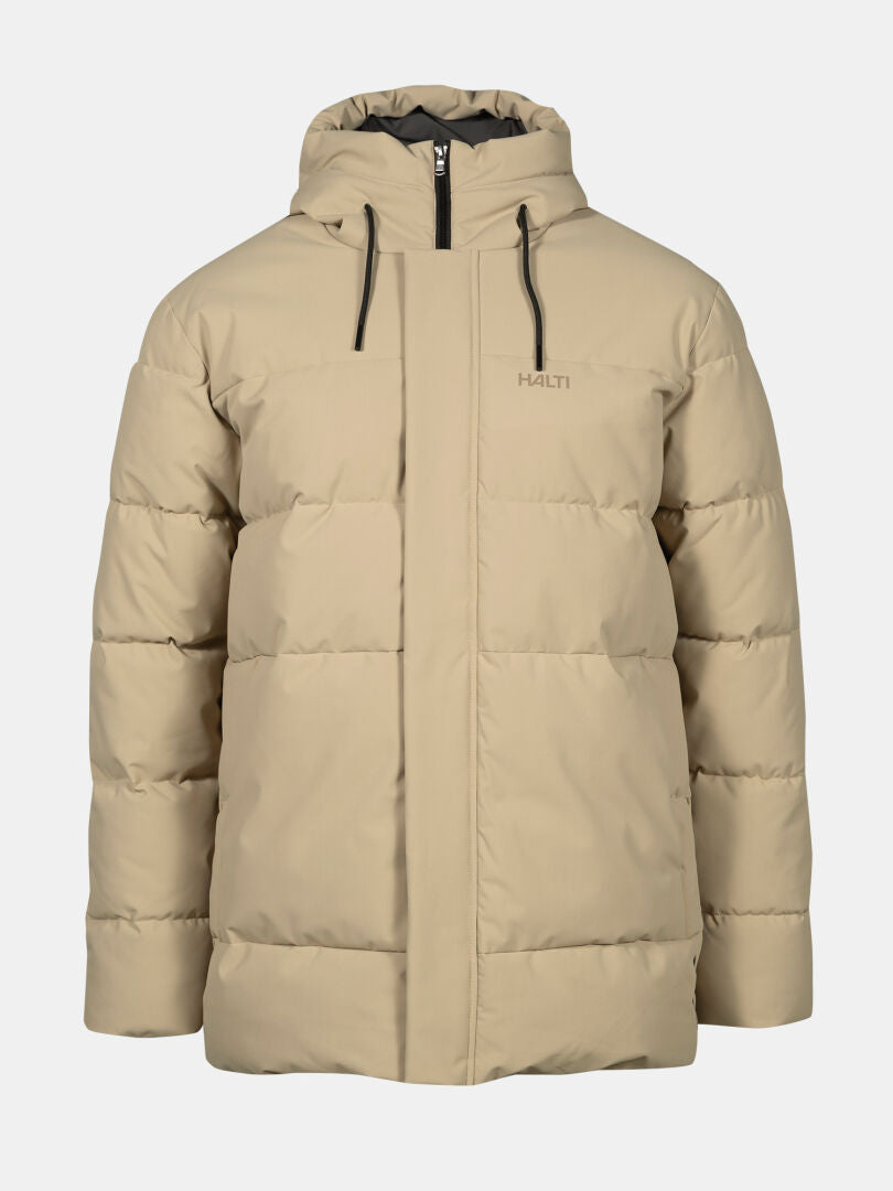 Halti Sammal Vadderad Parkajacka Herr: beige, huva, Microtherm Thermofill & DrymaxX®, logotyp på bröstet.