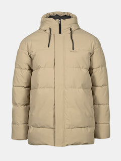 Halti Sammal Vadderad Parkajacka Herr: beige, huva, Microtherm Thermofill & DrymaxX®, logotyp på bröstet.
