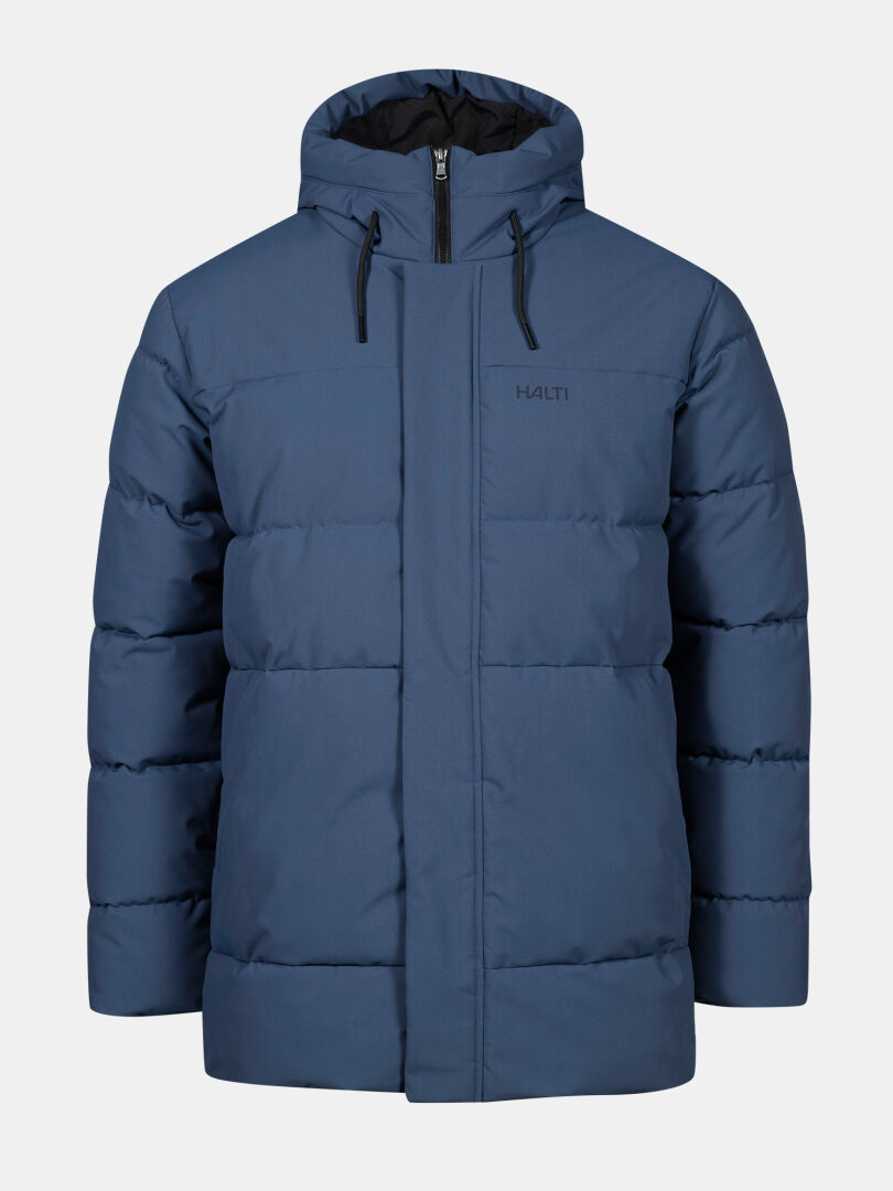 Halti Sammal Vadderad Parkajacka Herr: blå puffer med huva och DrymaxX® och Microtherm Thermofill, vattentät vinterparka.