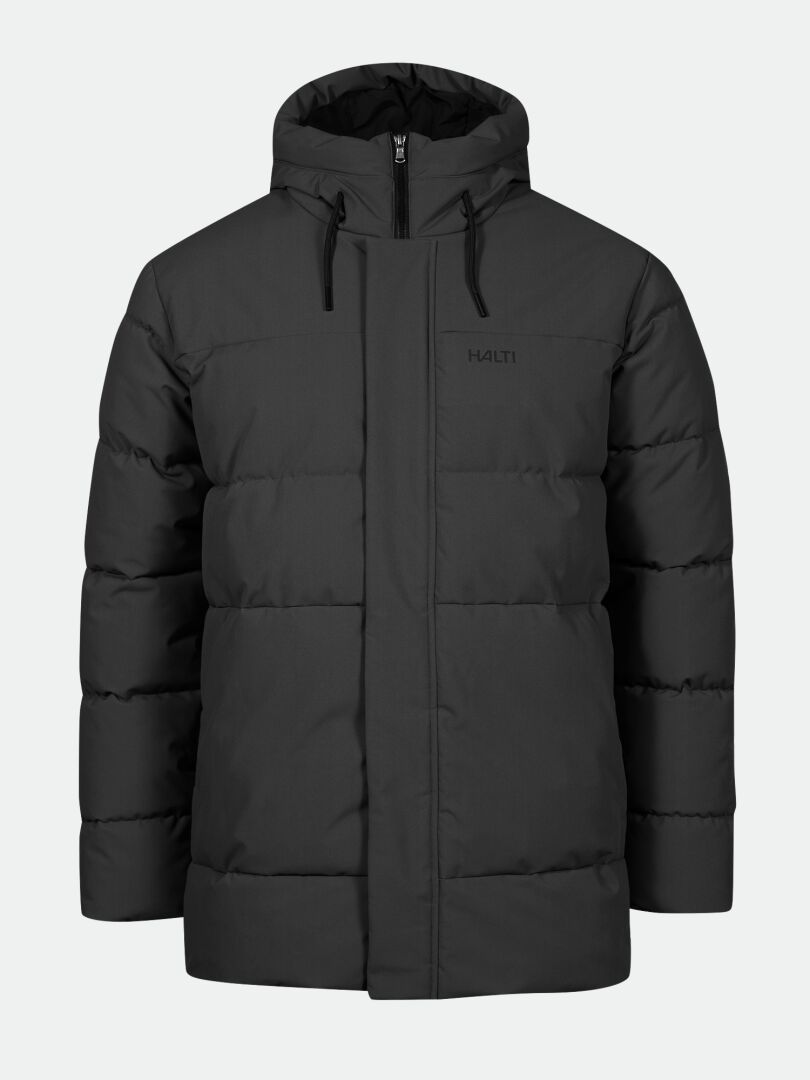 Halti Sammal Vadderad Parkajacka Herr är en svart puffer med DrymaxX®, huva, dragkedja fram och logotyp på bröstet.