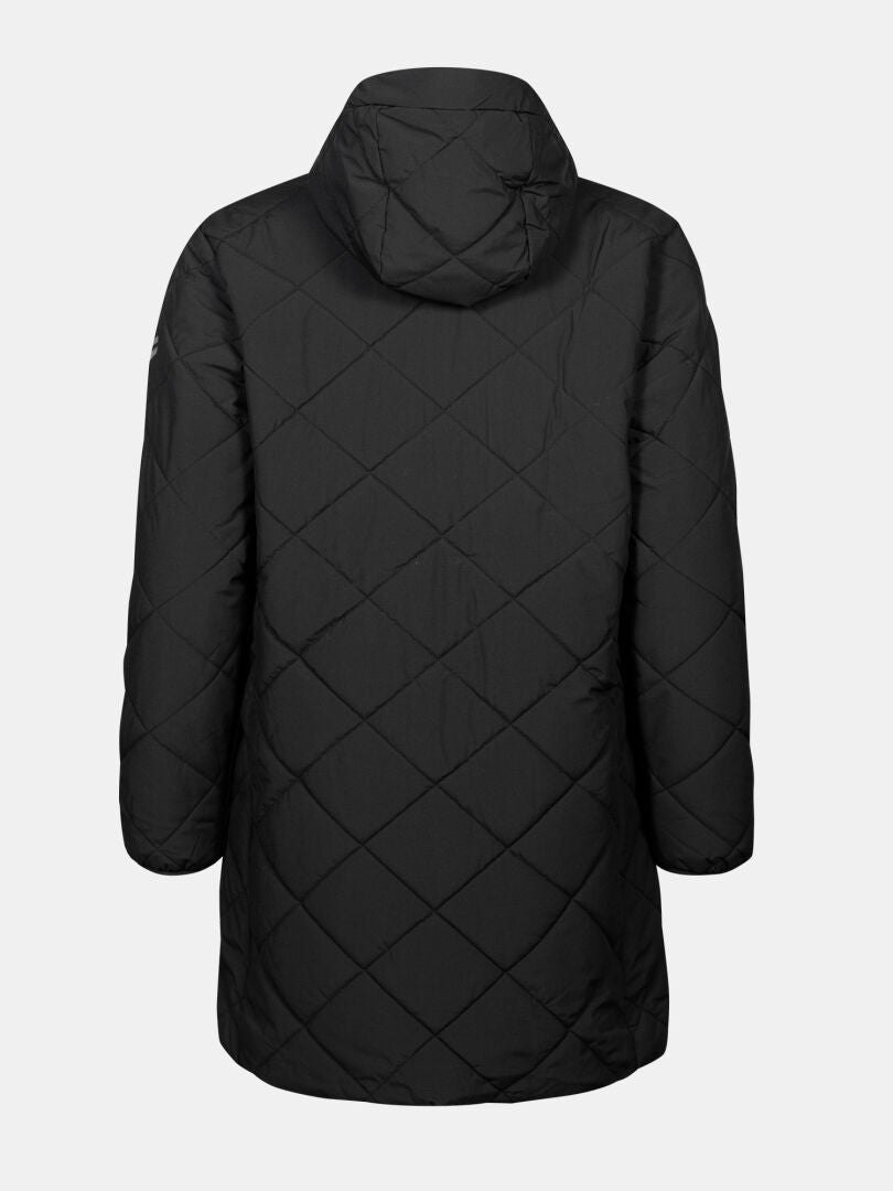 Baksidan av Haapa Vadderad Jacka Dam från Halti, med huva och diamantquiltad parkasöm.