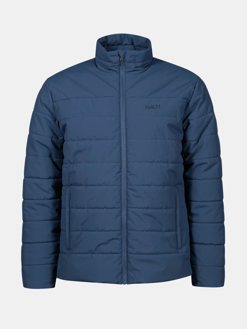 Halti Haapa Vadderad Jacka Herr: blå quiltad puffer, Microtherm vaddering, dragkedja, ståkrage, logotyp på bröstet.