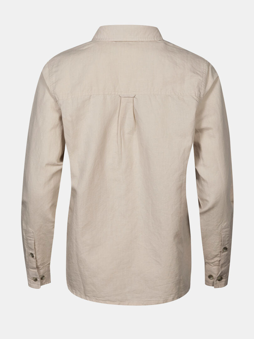 Halti Notsgi Långärmad Skjorta Dam i beige, avslappnad passform av hampa och eko-bomull, bakifrån mot vit bakgrund.