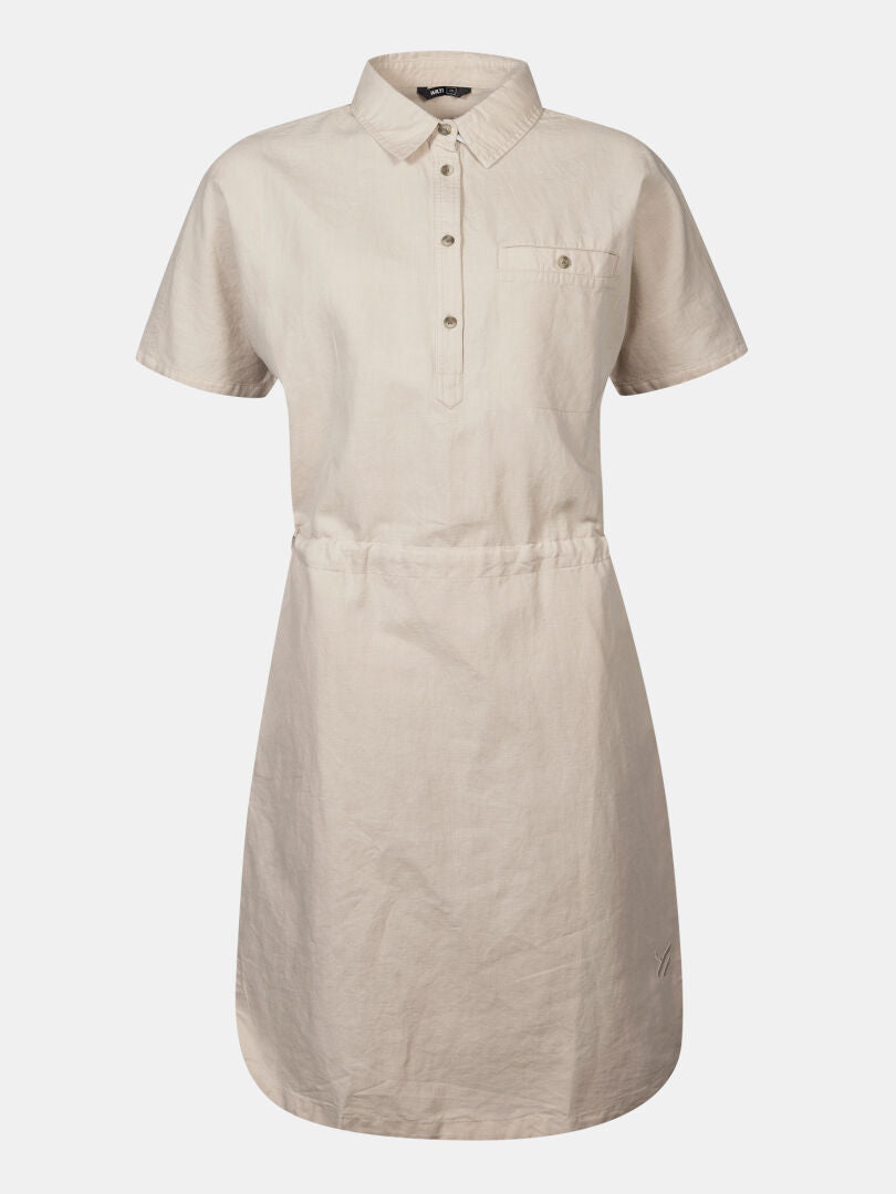 Halti Notsgi Klänning Dam: Beige skjortklänning i hampa/ekobomull med krage, knappar, bröstficka & dragsko.