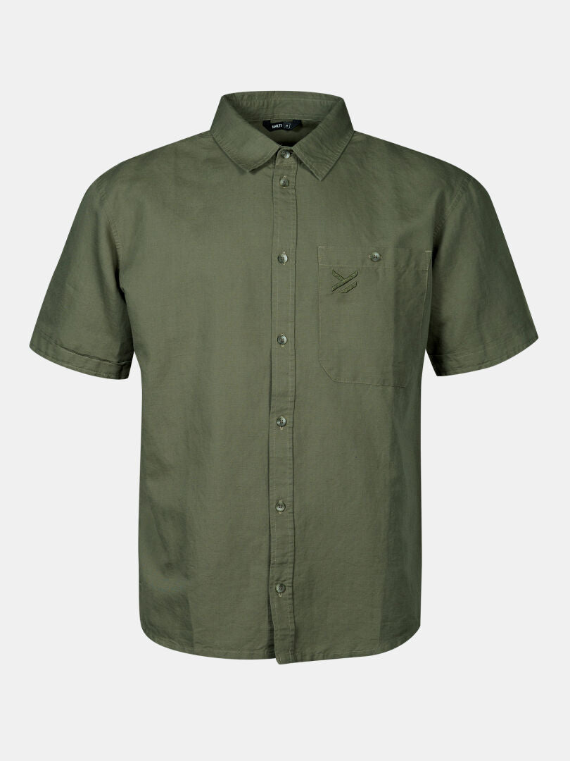Halti Notsgi Skjorta Herr: Olivgrön kortärmad button-up med krage och bröstficka, perfekt för sommaren.