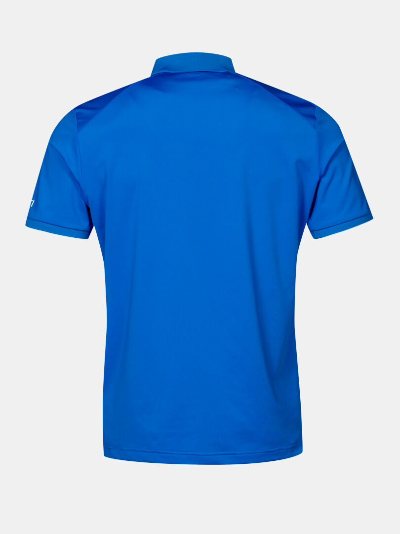 Baksida av Halti Aridi Teknisk Pikétröja Herr i blått, perfekt för golfbanan, mot vit bakgrund.