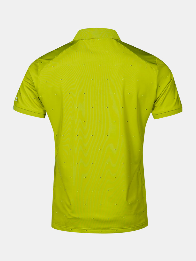 Bakifrån Halti Aridi Teknisk Pikétröja Herr i limegrönt med krage och prickigt mönster, perfekt för golf.