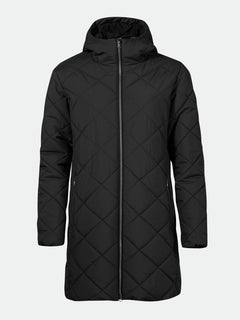 Halti Haapa Vadderad Jacka Dam Plus med huva, frontzip och sidofickor, visas mot en enkel bakgrund.