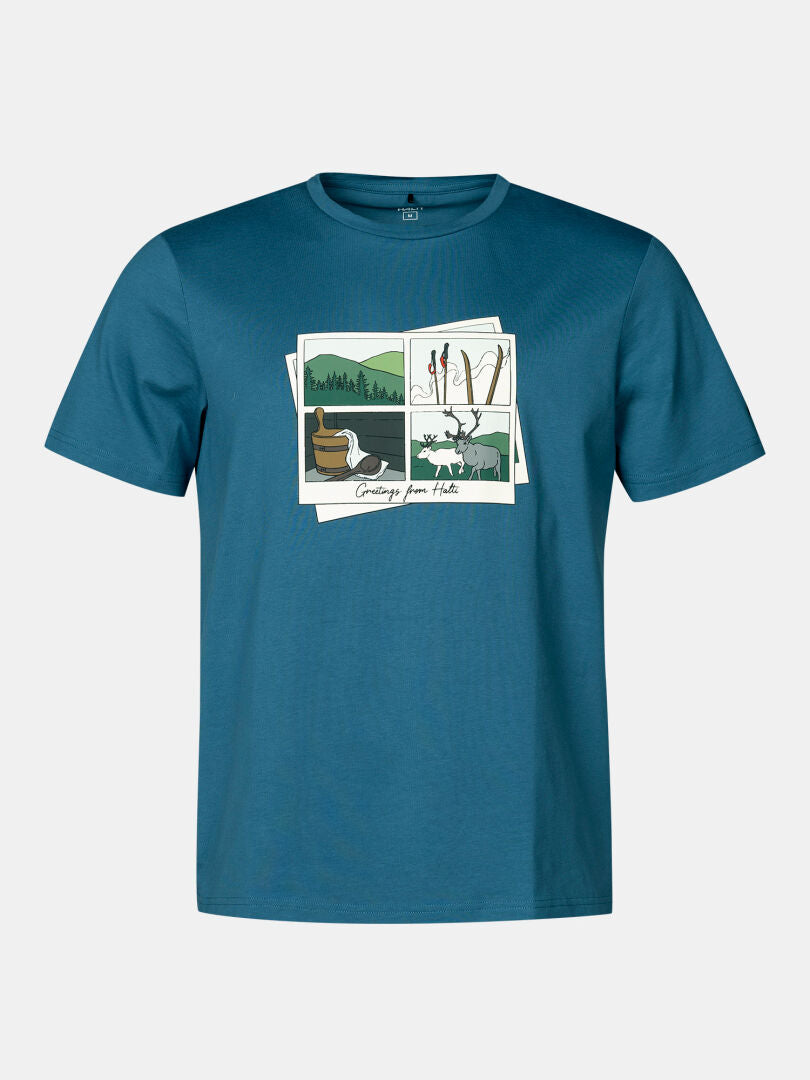 Halti Matka II T-skjorta Herr: Blå t-shirt i ekologisk bomull med naturvykort, 