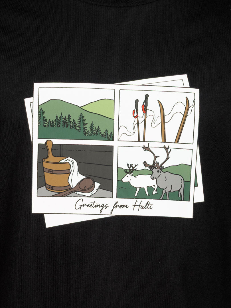 Fyra illustrerade vykort passar perfekt ihop med Haltis Matka II T-skjorta Herr t-shirt i ekologisk bomull.