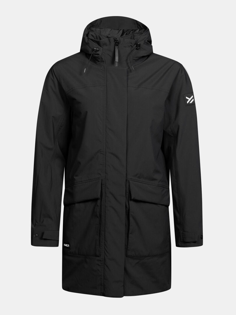 Halti Kortteli DX isolerad parkas för dam: svart, med huva, vind- och vattentät, dragkedja fram, 2 fickor, logotyp på ärmen.
