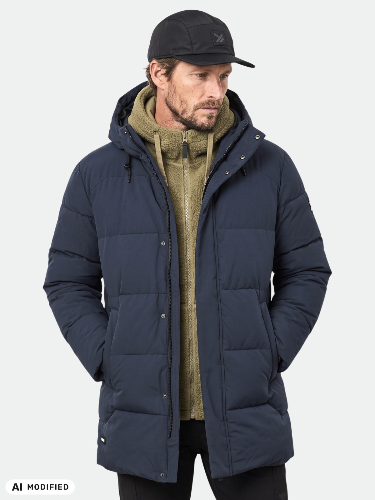 Man i en Halti Brahe-dunparkas (mörkblå), olivgrön hoodie med dragkedja och huva, svart keps, händerna i fickorna.