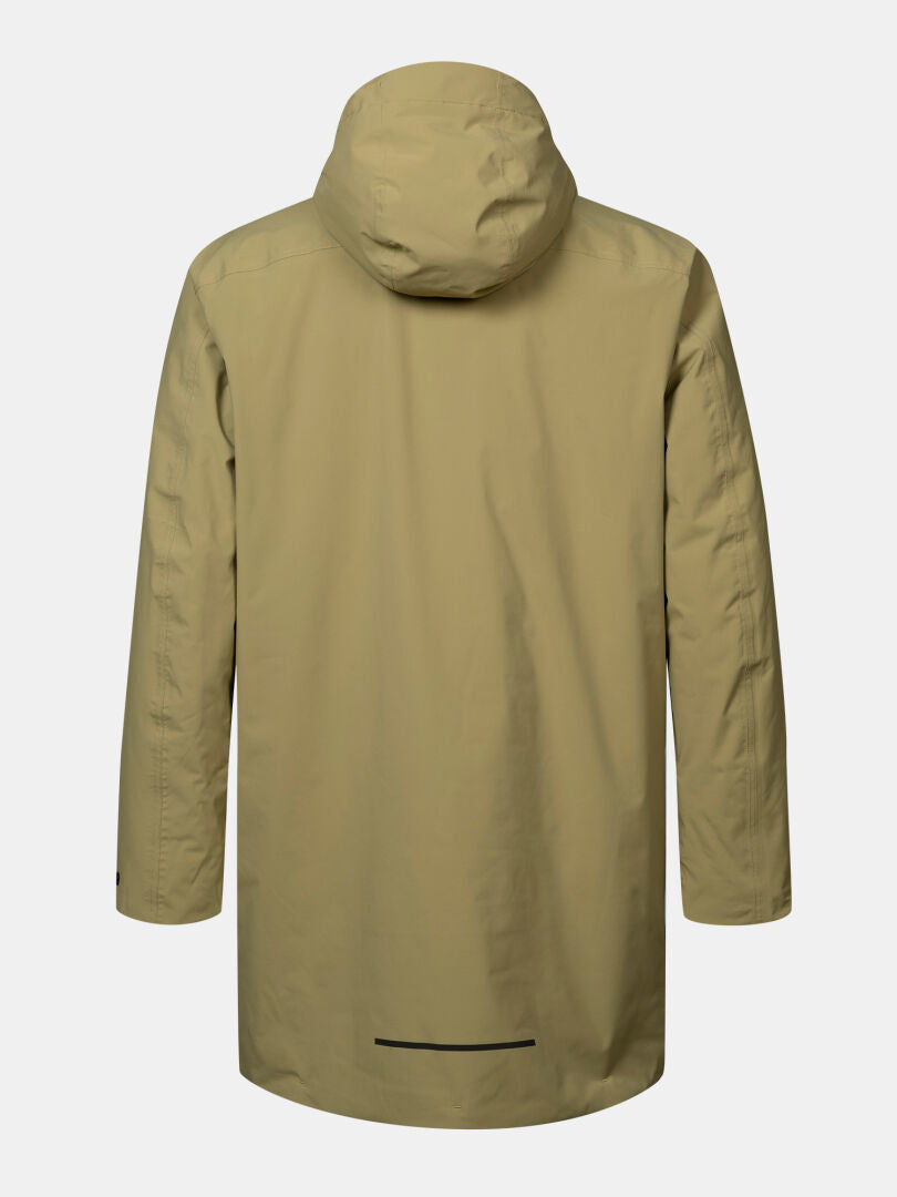 Halti Kortteli DX isolerad parkas för herr i olivgrönt, vattenavvisande, med huva, långa ärmar och rak nederkant.