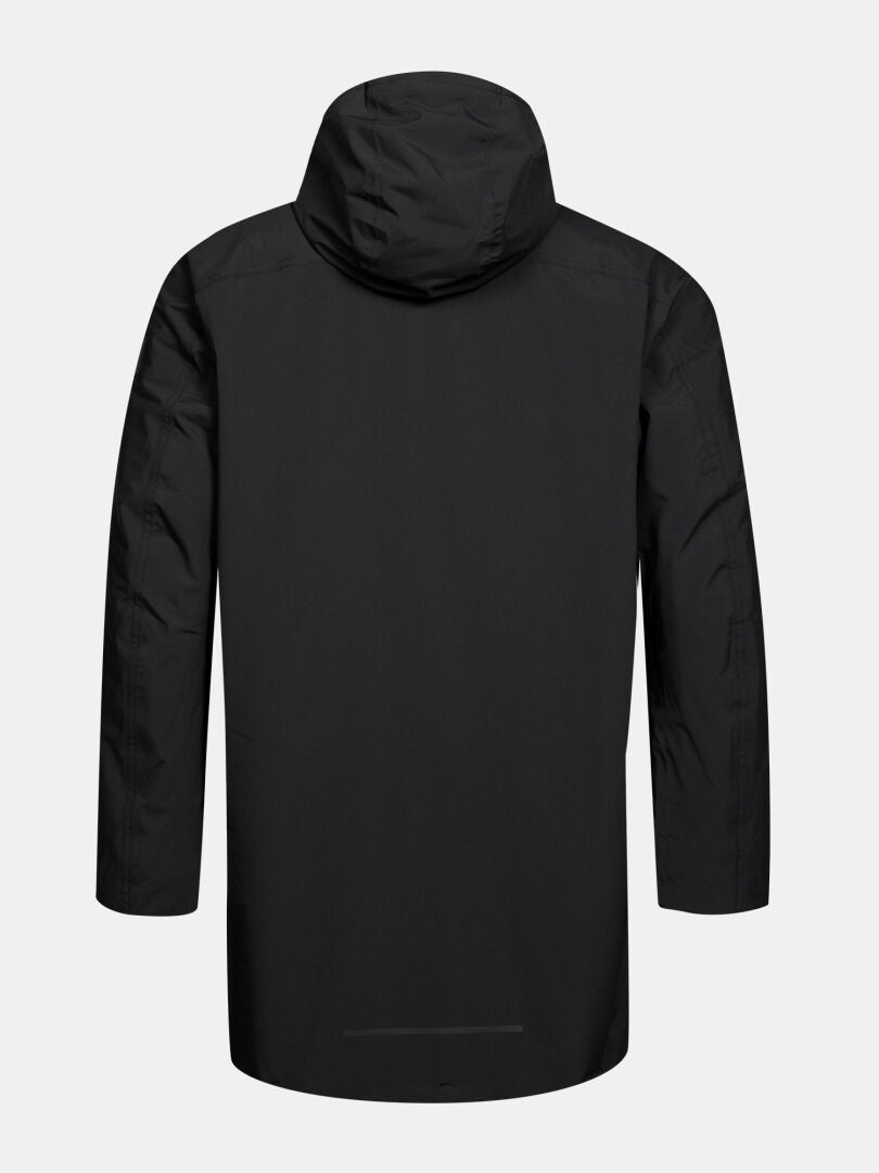 Baksidan av Halti Kortteli DX Insulated Parka Herr, svart, långärmad jacka med huva mot vit bakgrund.