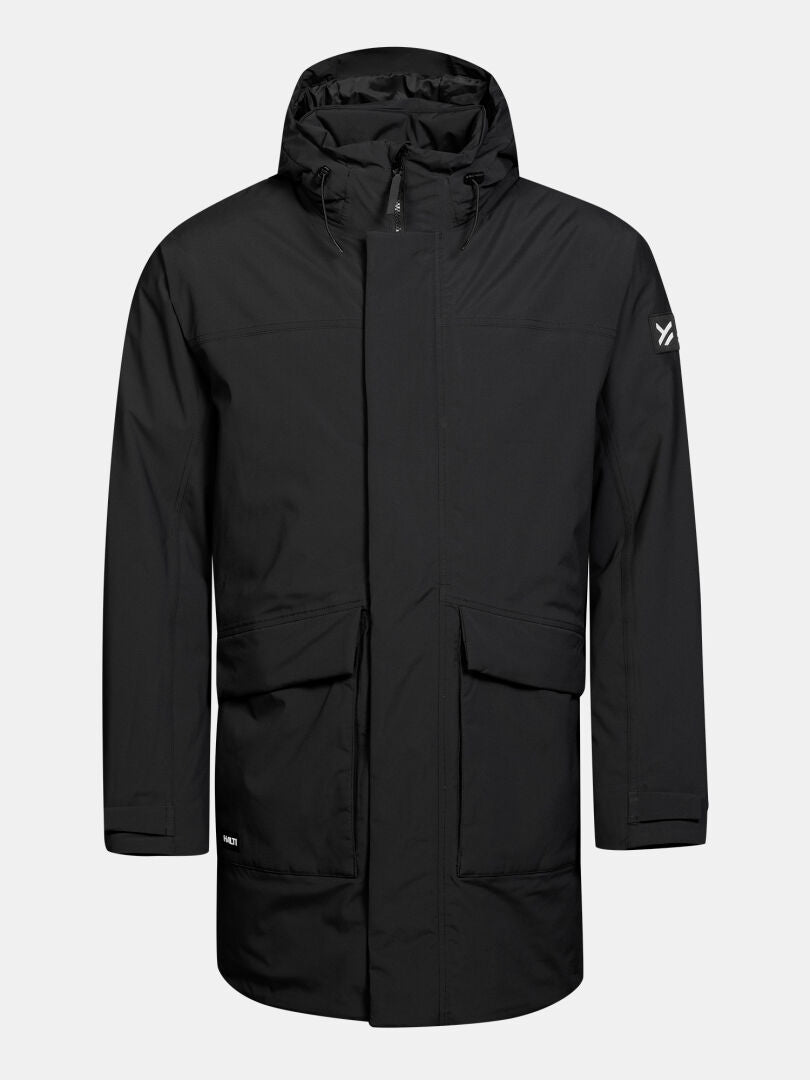 Halti Kortteli DX isolerad parkas för herrar: svart, vattentålig, dragkedja fram, 2 stora fickor, logotyp på vänster ärm.