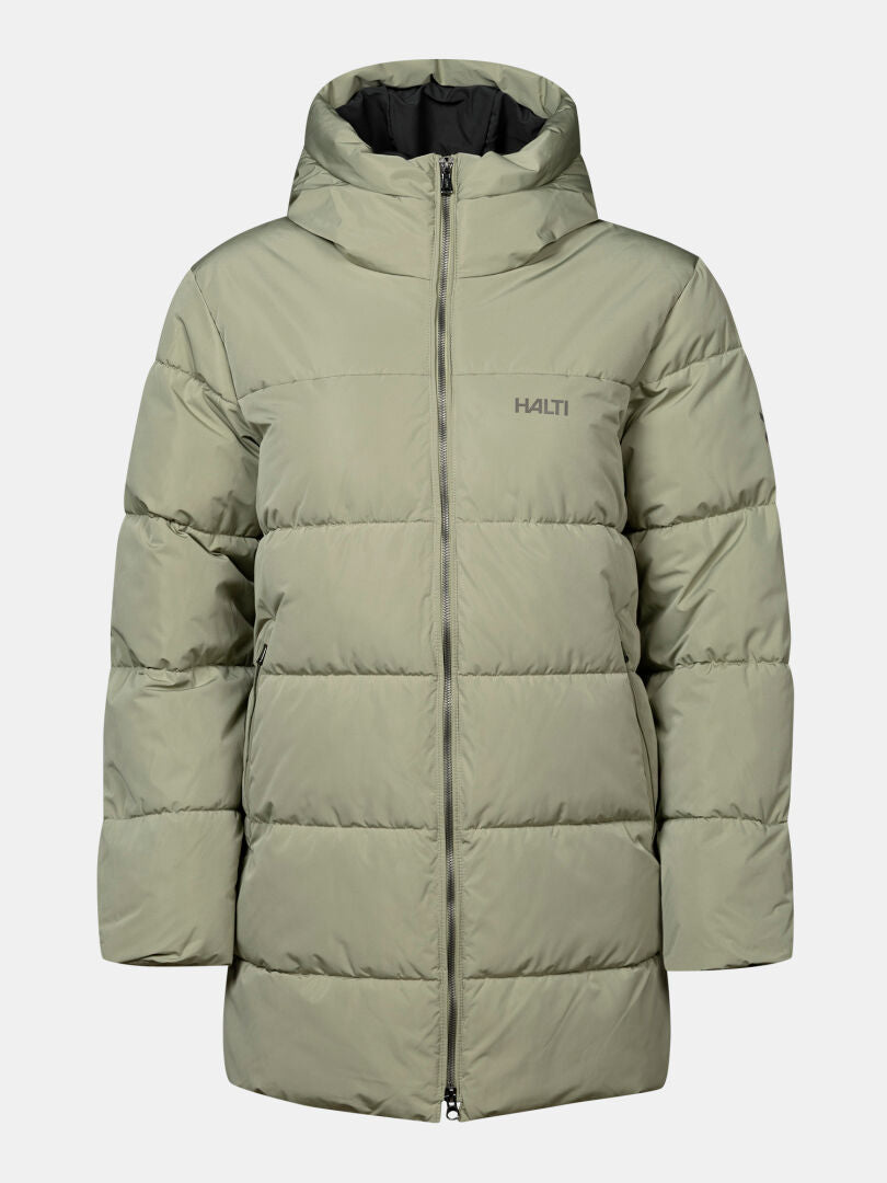Leinikko Puffer Parka Dam från Halti: ljusgrön, isolerad, vattentät jacka med huva och dragkedja framtill.