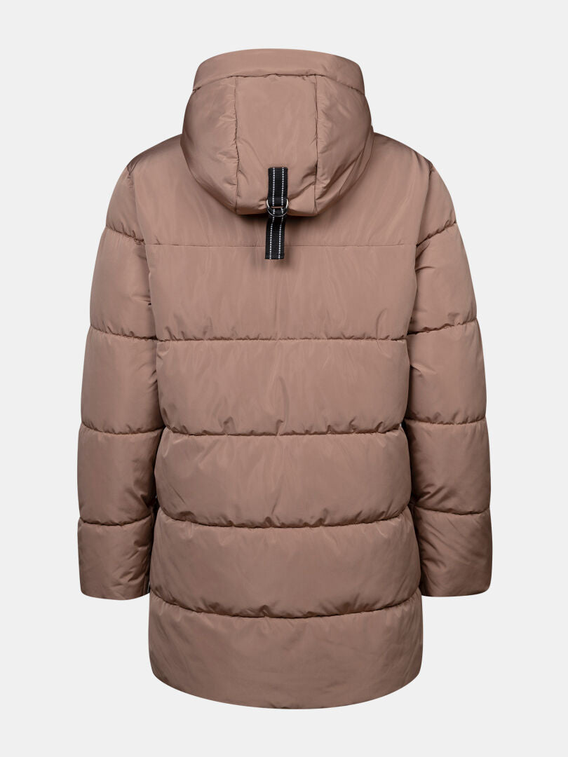 Leinikko Puffer Parka Dam från Halti, brun med huva och svart dragflik, avbildad bakifrån mot en enfärgad bakgrund.