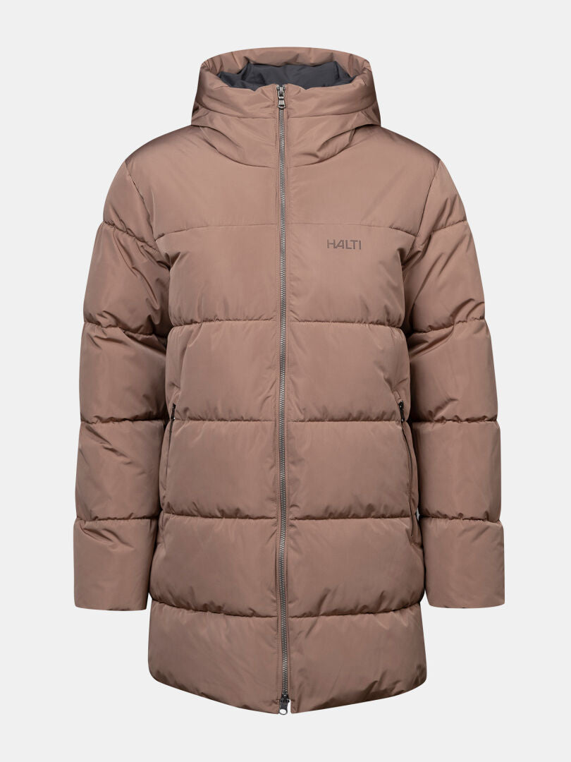 Halti Leinikko Puffer Parka Dam: ljusbrun, quiltad parka med huva, dragkedja fram och långa ärmar – perfekt varm.
