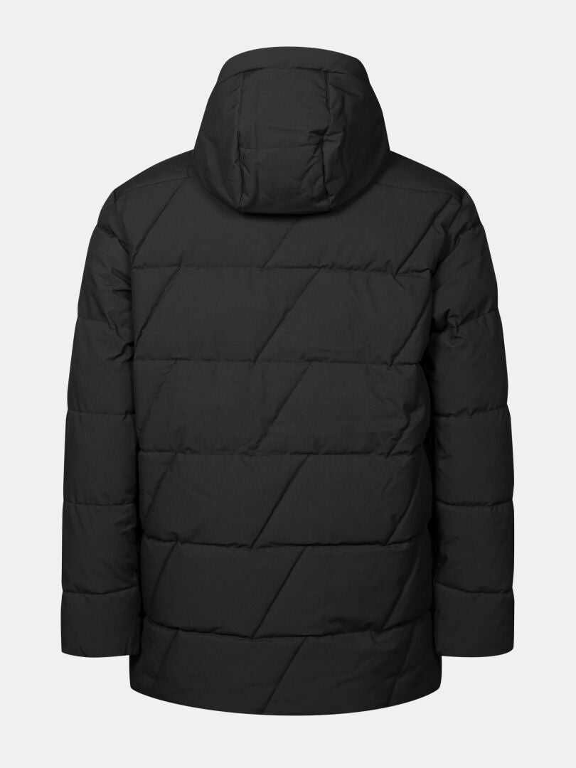 Halti Forska Vadderad Parkajacka Herr, svart, med huva, med Microtherm Thermofill; bakifrån mot enfärgad bakgrund.