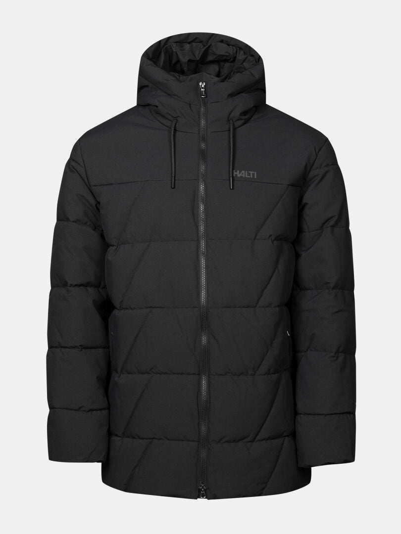Halti Forska Vadderad Parkajacka Herr, svart dunjacka med huva, Microtherm Thermofill och logotyp på bröstet, dragkedja fram.