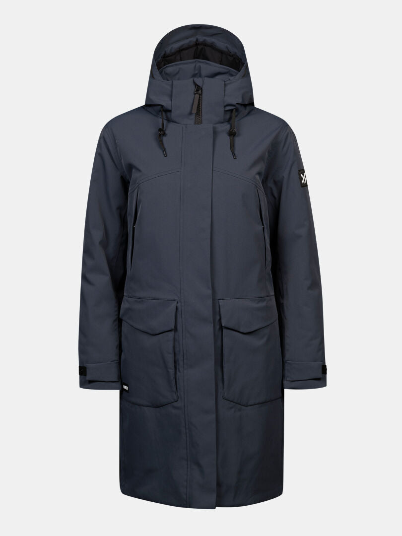 Halti Kallio DX Parka Dam: mörkblå vinterparkas med DrymaxX, dragkedja fram, 2 stora fickor, justerbara ärmslut.