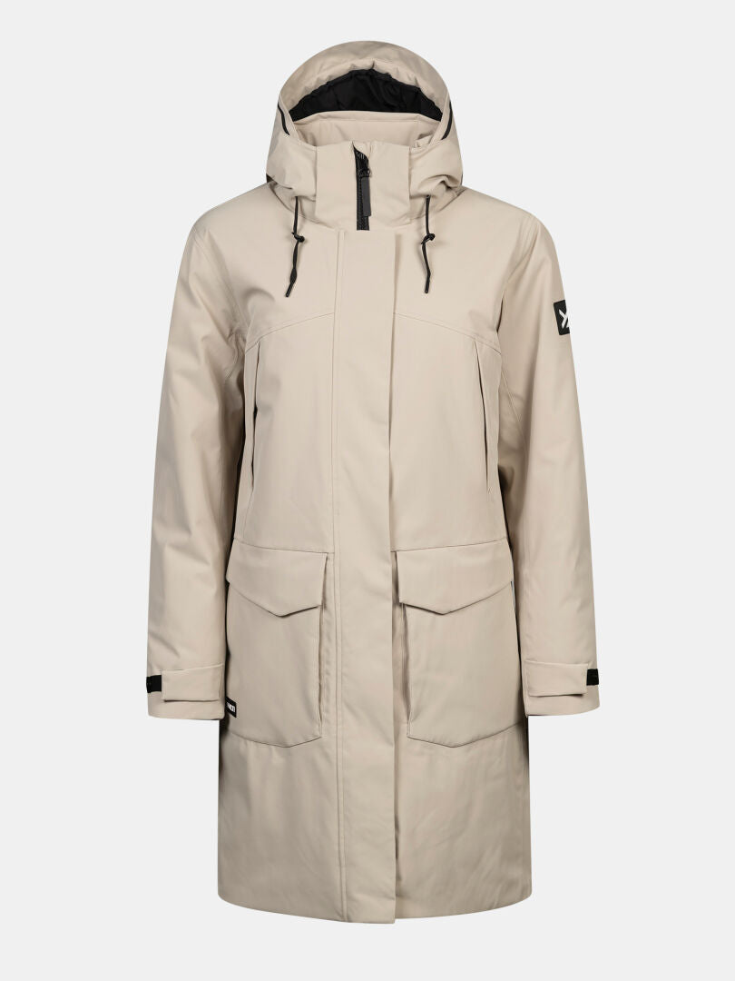 Halti Kallio DX Parka Dam: Beige vinterparkas med huva, dragkedja fram, justerbara ärmslut och framfickor.