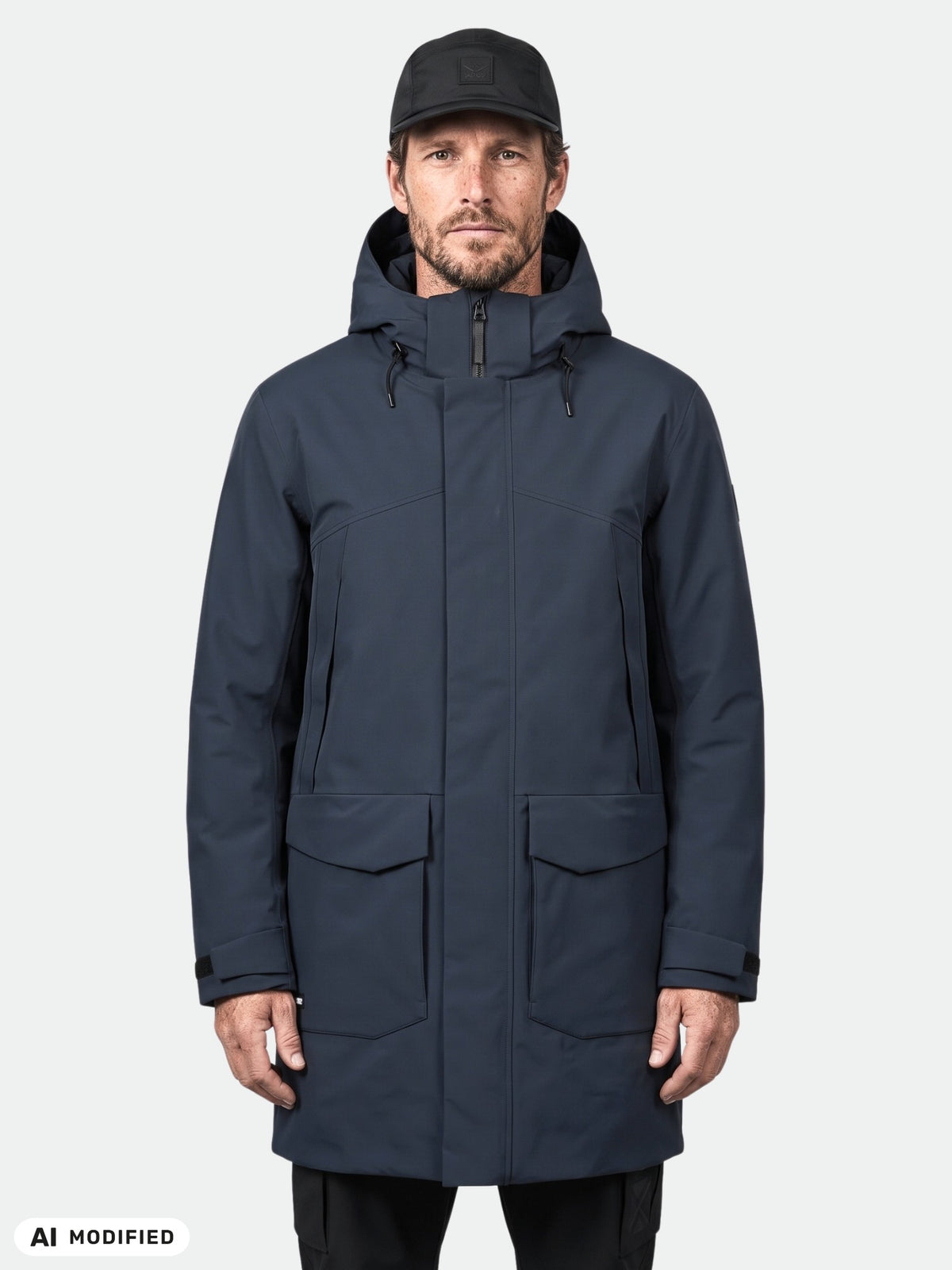 En man klädd i en mörkblå Halti Kallio DX Parka Herr med stora fickor med lock framtill och en svart basebollkeps.