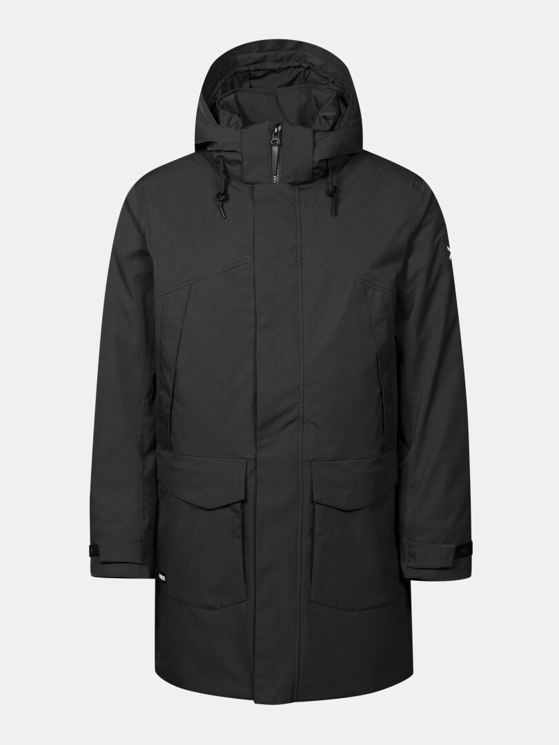 Halti Kallio DX Parka Herr – svart, med huva, DrymaxX, dragkedja fram, stora fickor och justerbara ärmslut på enfärgad bakgrund.