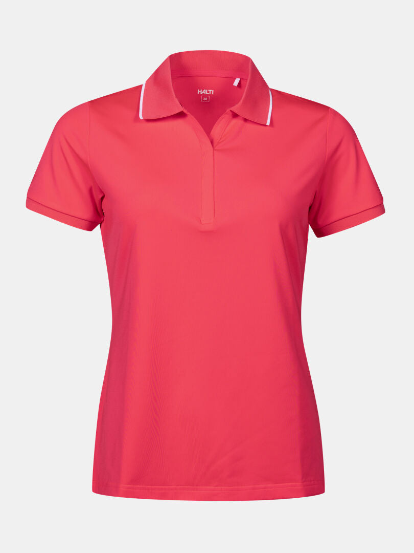 Halti Swingi Teknisk Pikétröja Dam Plus är en rosa kortärmad polo med vit kant, perfekt för sommarstilen.