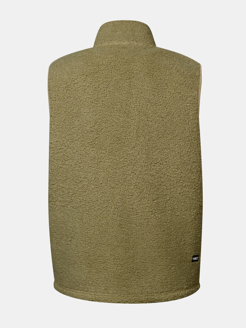 Halti Lykky Fleece-väst, unisex, i grönt, hög krage, svart lapp längst ned till höger på ryggen; bild tagen bakifrån.